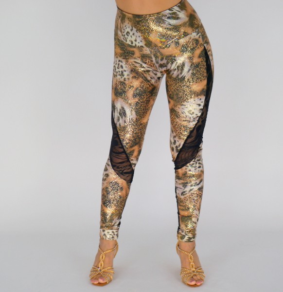 Lycra Leggings mit Spitze & Netz – Animal Print in Gold