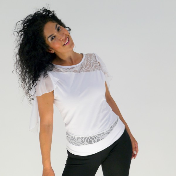 Weißes Damen-Oberteil aus Baumwolle mit Cutouts, Spitze und Chiffon-Ärmeln