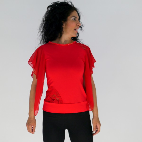 Rotes Damen-Oberteil mit Spitze-Cutouts & Chiffon-Flügelärmeln